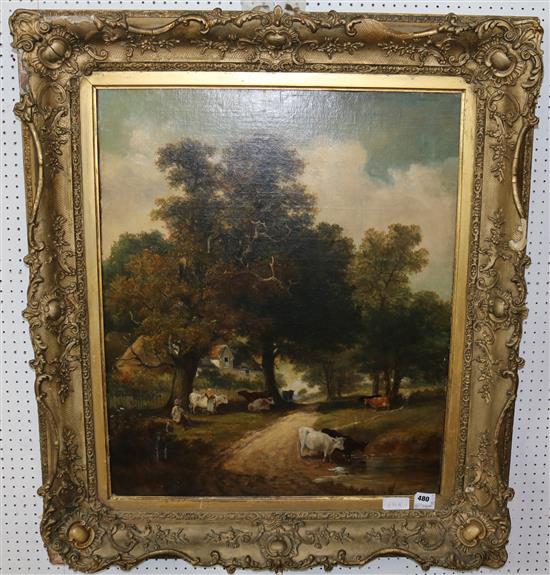 After Meadows, oil on canvas, figures and cattle on a track(-)